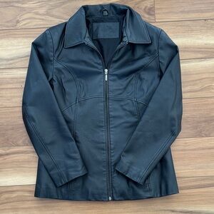 Womens Jacqueline Ferrar Black Leather Fitted Coat Jacket Size Medium